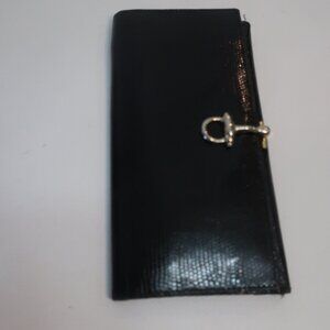 Womens Vintage Lederer Black Lizard Leather Bifold Wallet